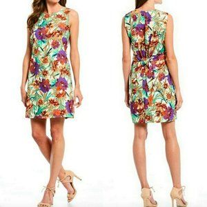 Nwt Gibson Latimer Sleeveless Shift Dress XL Pleated Tie Back Tropical Floral